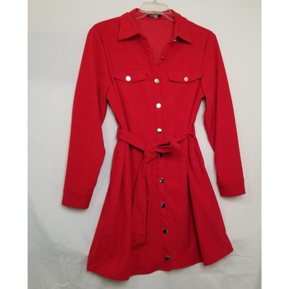 BTFBM Women's Red Corduroy Button Up Shirt Dress Pockets Tie Waist Long Slv Sz L - Picture 1 of 8